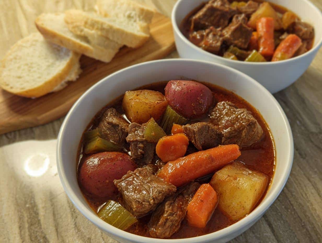 Close-up of a bowl of rich Beef Stew With Red Potatoes, carrots, and celery, served with sliced bread.