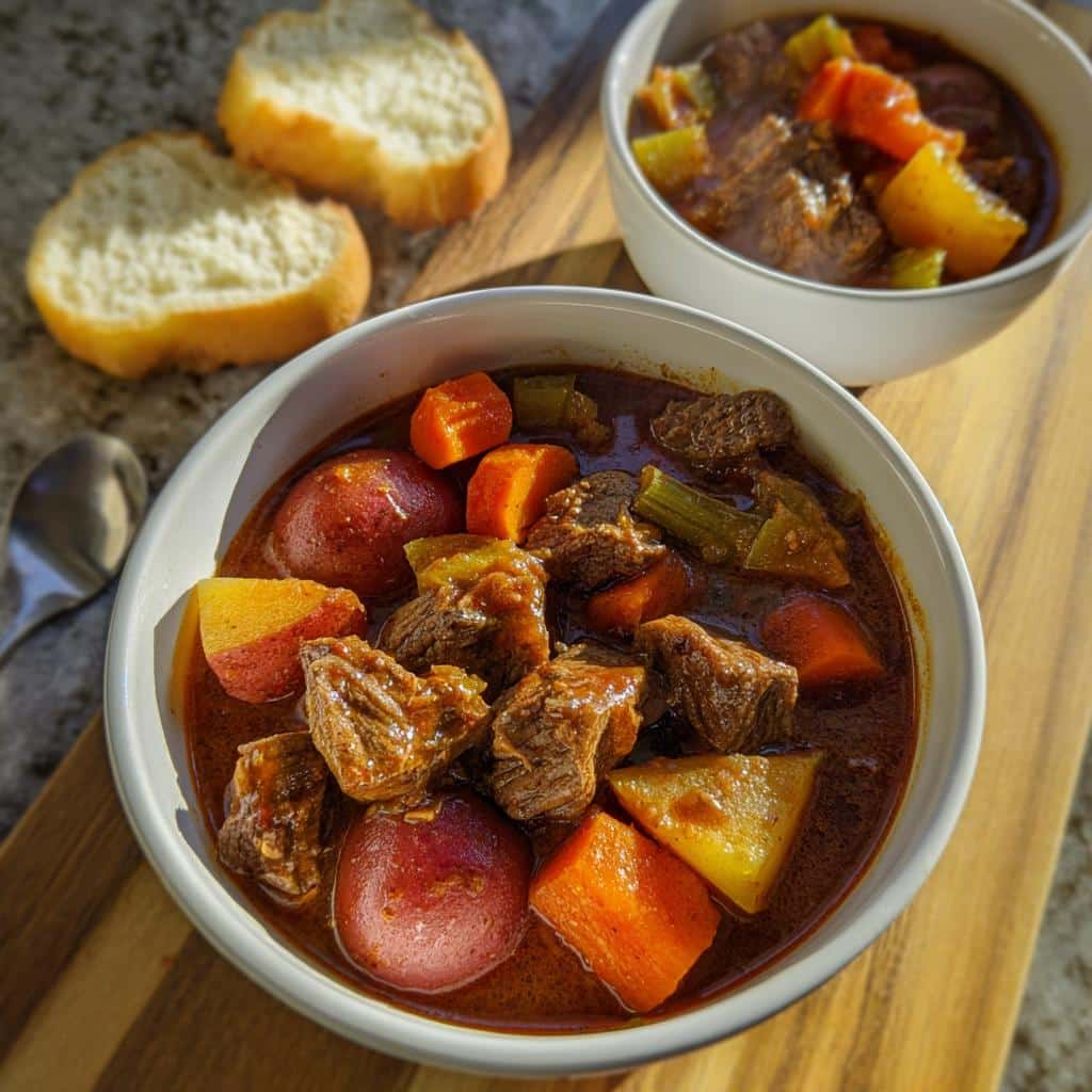Close-up of a bowl of rich Beef Stew With Red Potatoes, carrots, and celery, served with bread.