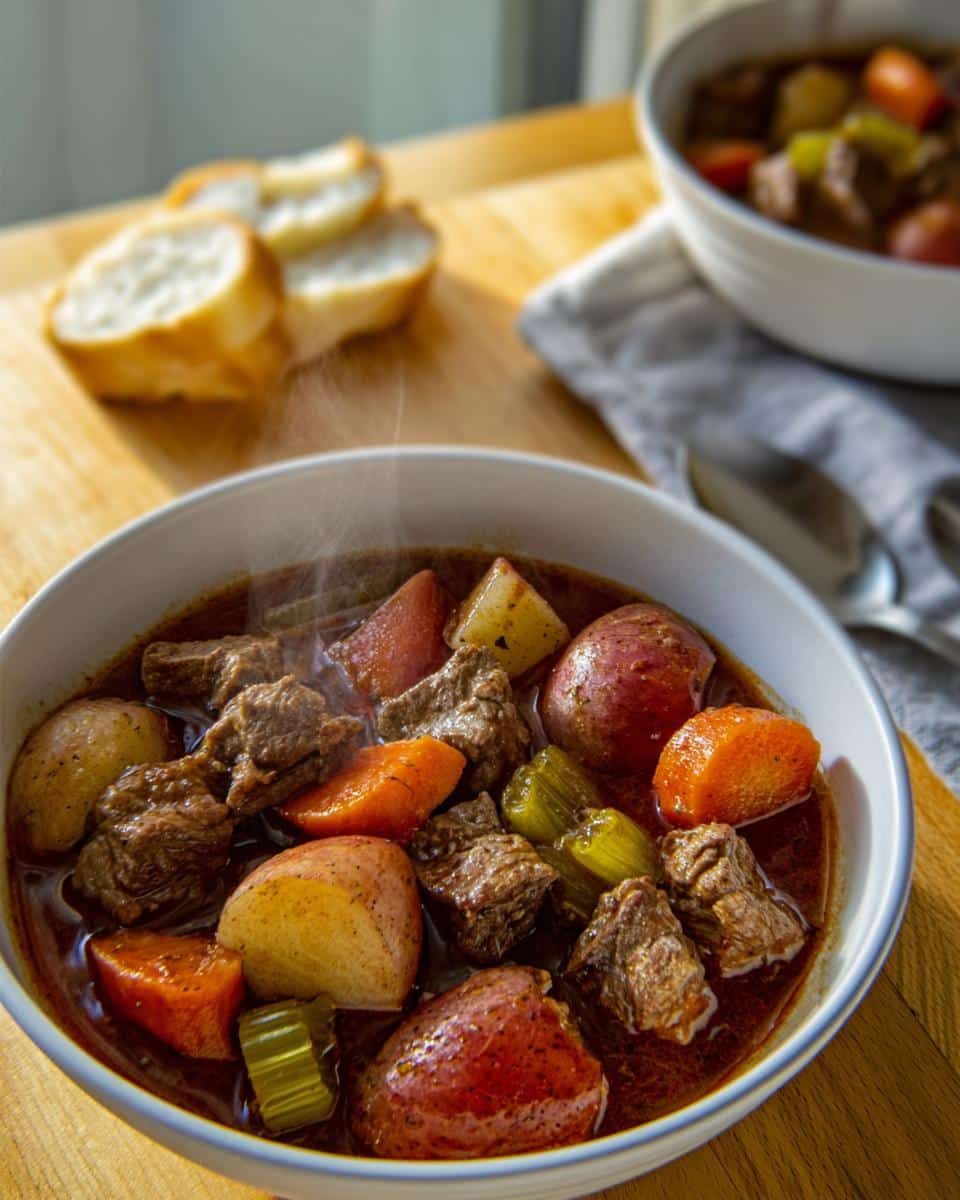 A close-up of a steaming white bowl filled with rich Beef Stew With Red Potatoes, carrots, and celery.