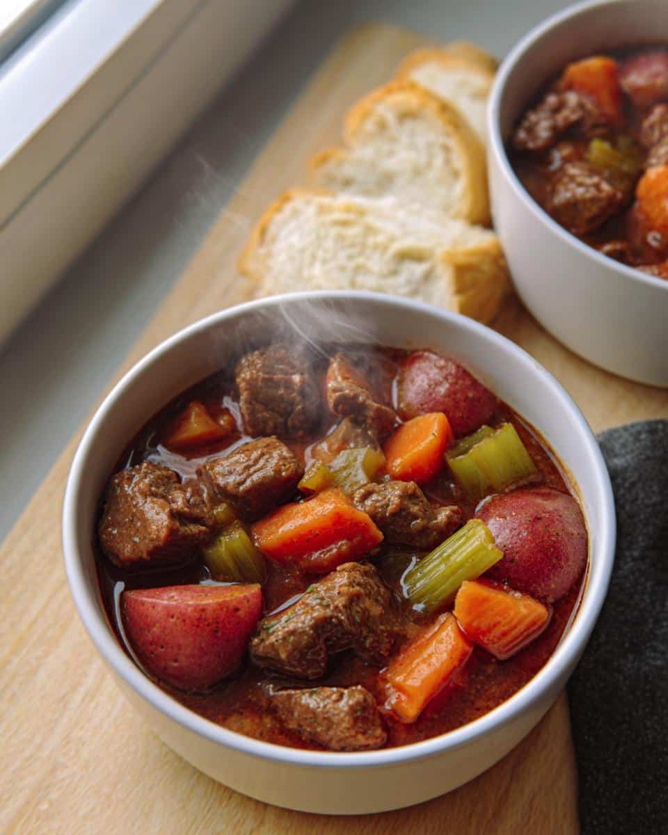 Close-up of a steaming bowl of rich Beef Stew With Red Potatoes, carrots, and celery, served with sliced bread.