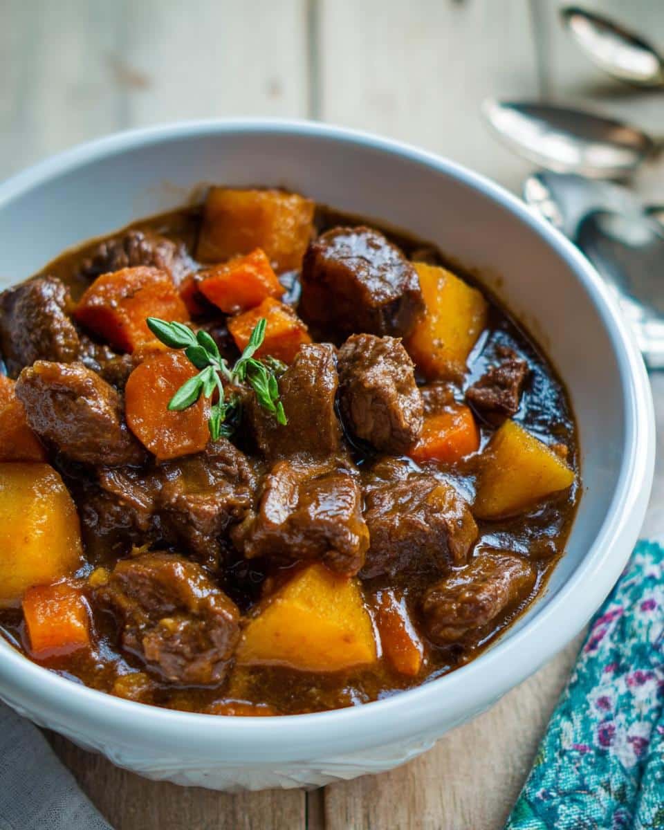 Close-up of rich, dark Beef Stew With Root Vegetables featuring tender beef chunks, carrots, and potatoes in a white bowl.