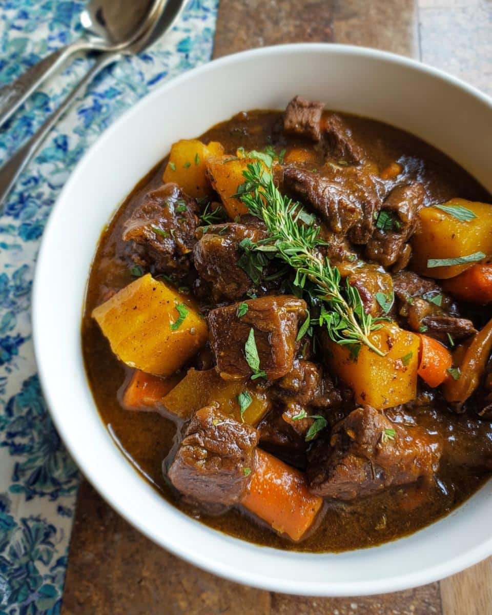 Close-up of rich Beef Stew With Root Vegetables, featuring tender beef chunks, carrots, and potatoes, garnished with fresh thyme.