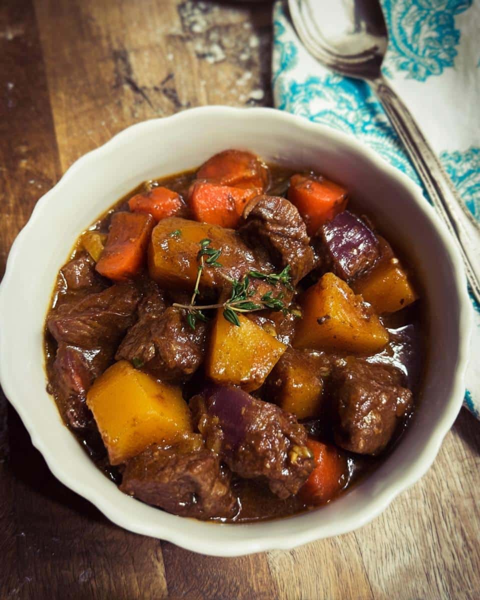 Close-up of rich Beef Stew With Root Vegetables featuring tender beef chunks, carrots, potatoes, and onions, garnished with thyme.