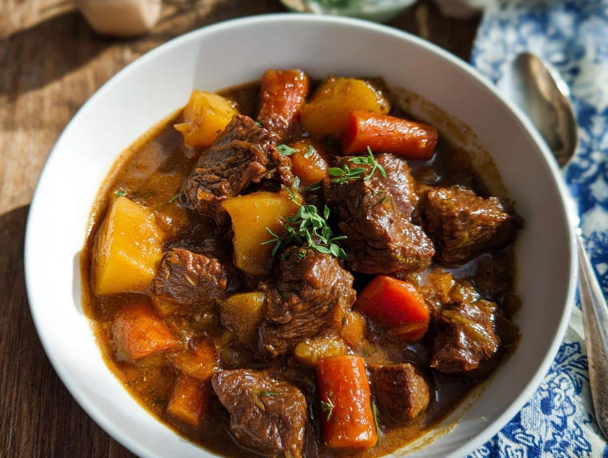 Close-up of rich Beef Stew With Root Vegetables featuring tender beef chunks, potatoes, and carrots in a savory brown sauce.