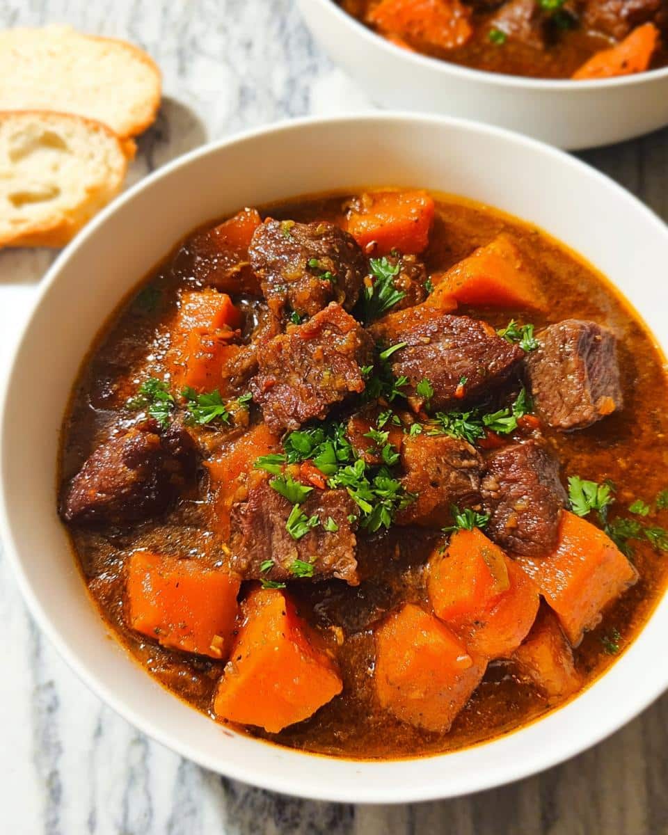 Close-up of a bowl of rich Beef Stew With Sweet Potatoes, garnished with fresh parsley.