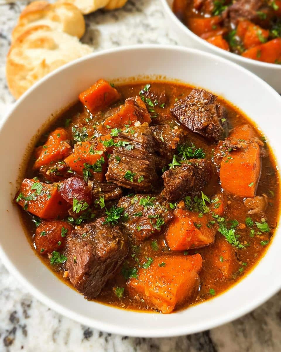 Close-up of rich Beef Stew With Sweet Potatoes, garnished with fresh parsley, served in a white bowl.