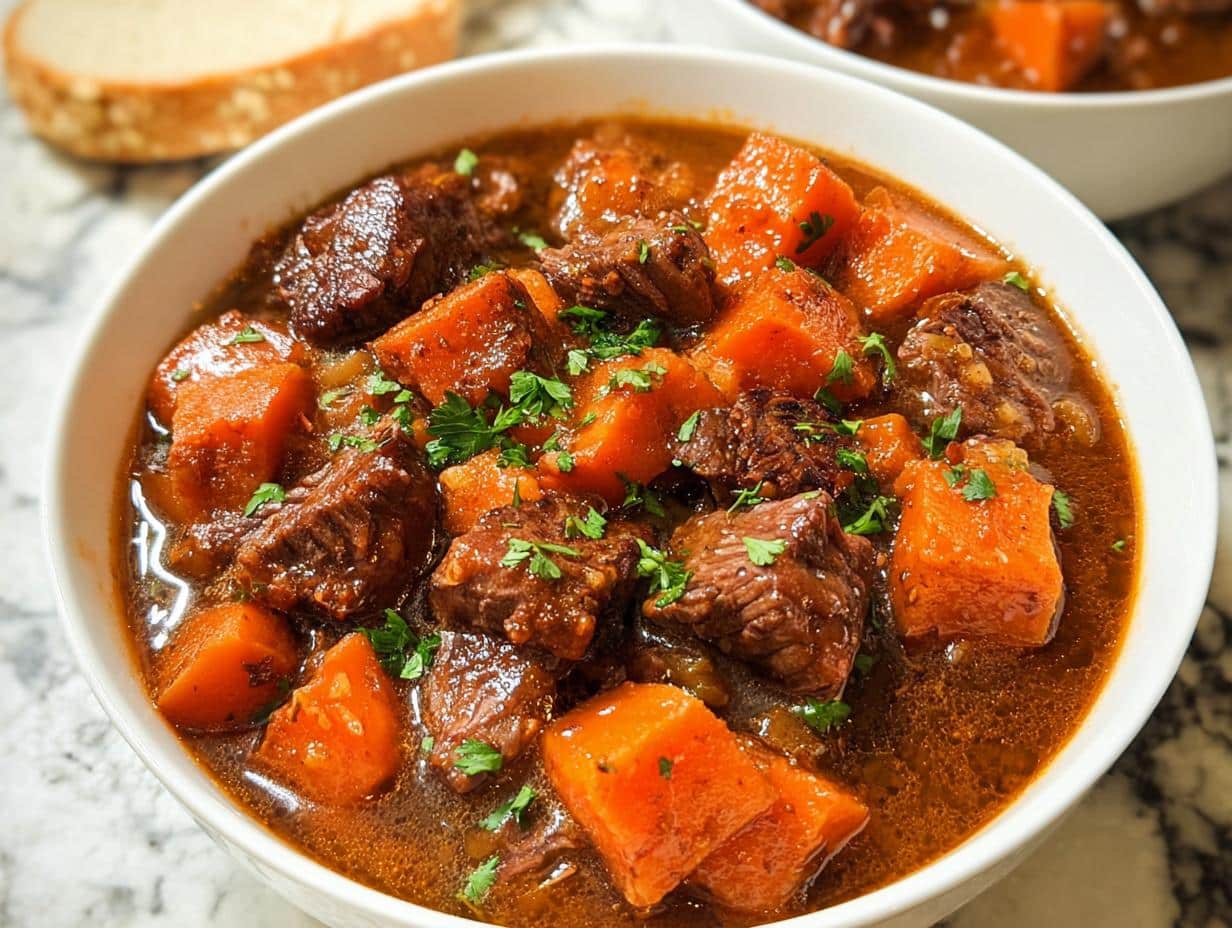 Close-up of rich Beef Stew With Sweet Potatoes, featuring tender beef chunks and bright orange sweet potatoes in a savory broth.