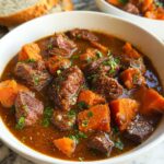 Close-up of a bowl of rich, dark Beef Stew With Sweet Potatoes, garnished with parsley, served with bread slices nearby.