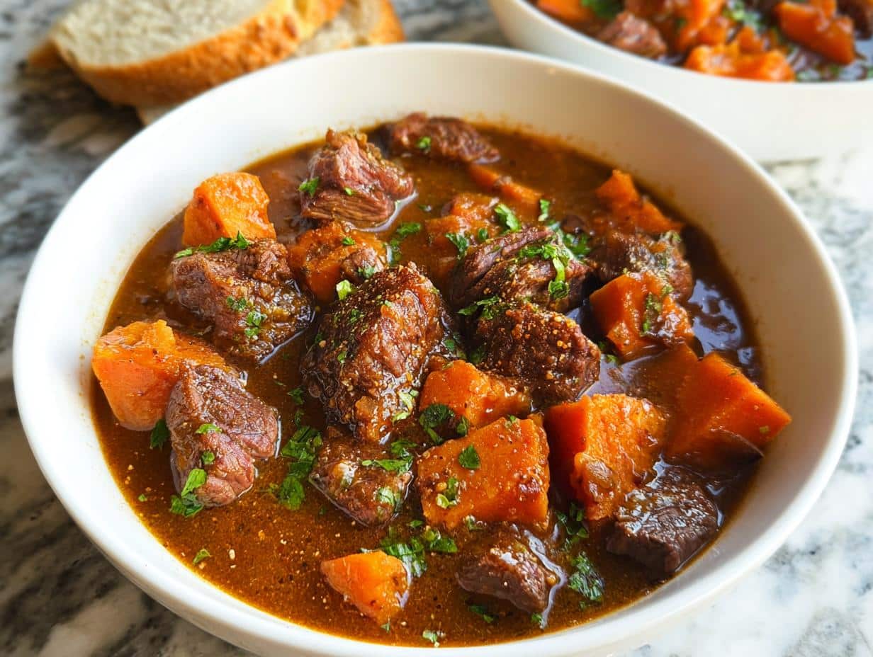 Close-up of a bowl of rich, dark Beef Stew With Sweet Potatoes, garnished with parsley, served with bread slices nearby.