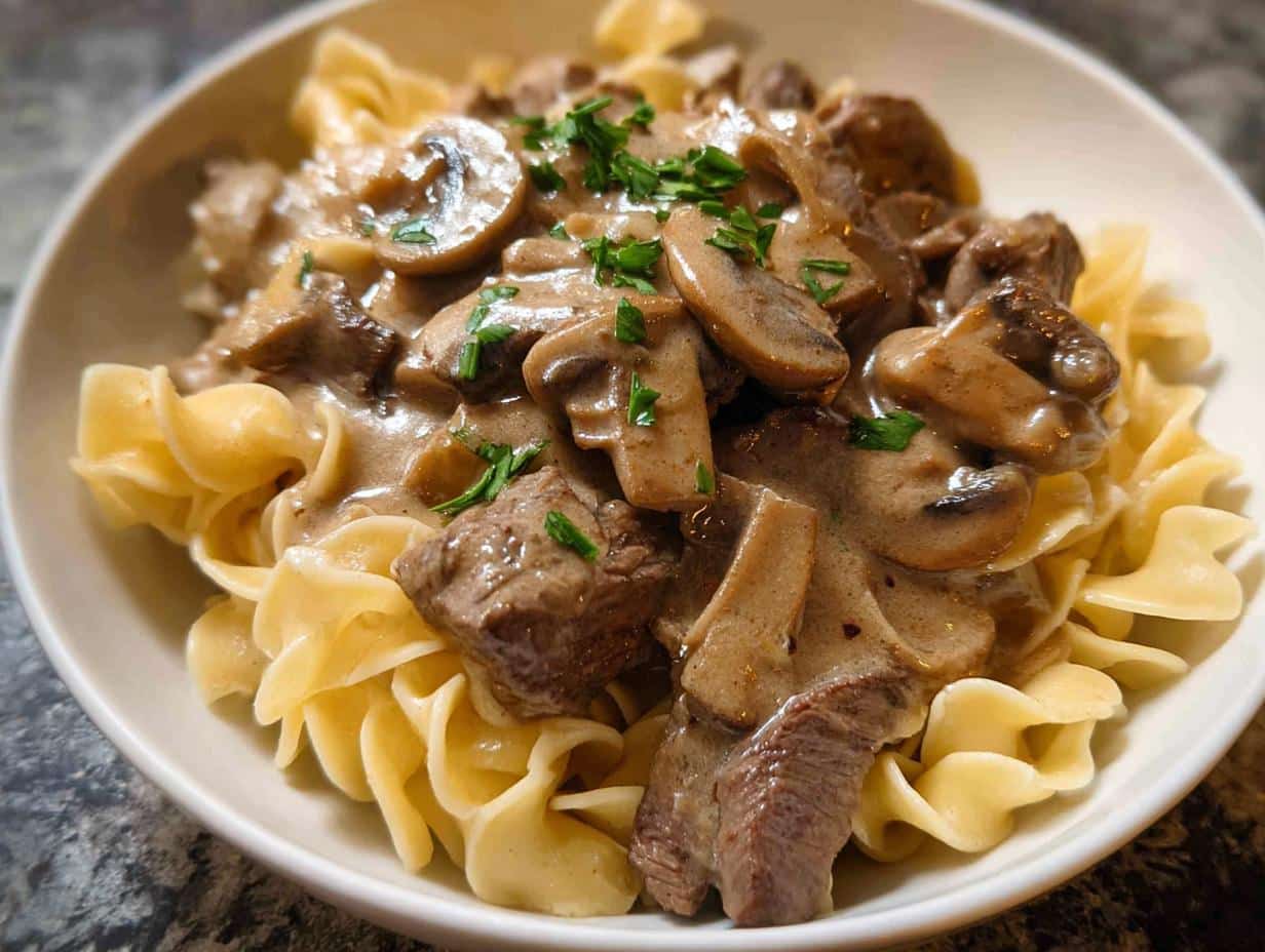 Close-up of a creamy Beef Stroganoff Dinner with sliced mushrooms and beef chunks over wide egg noodles.