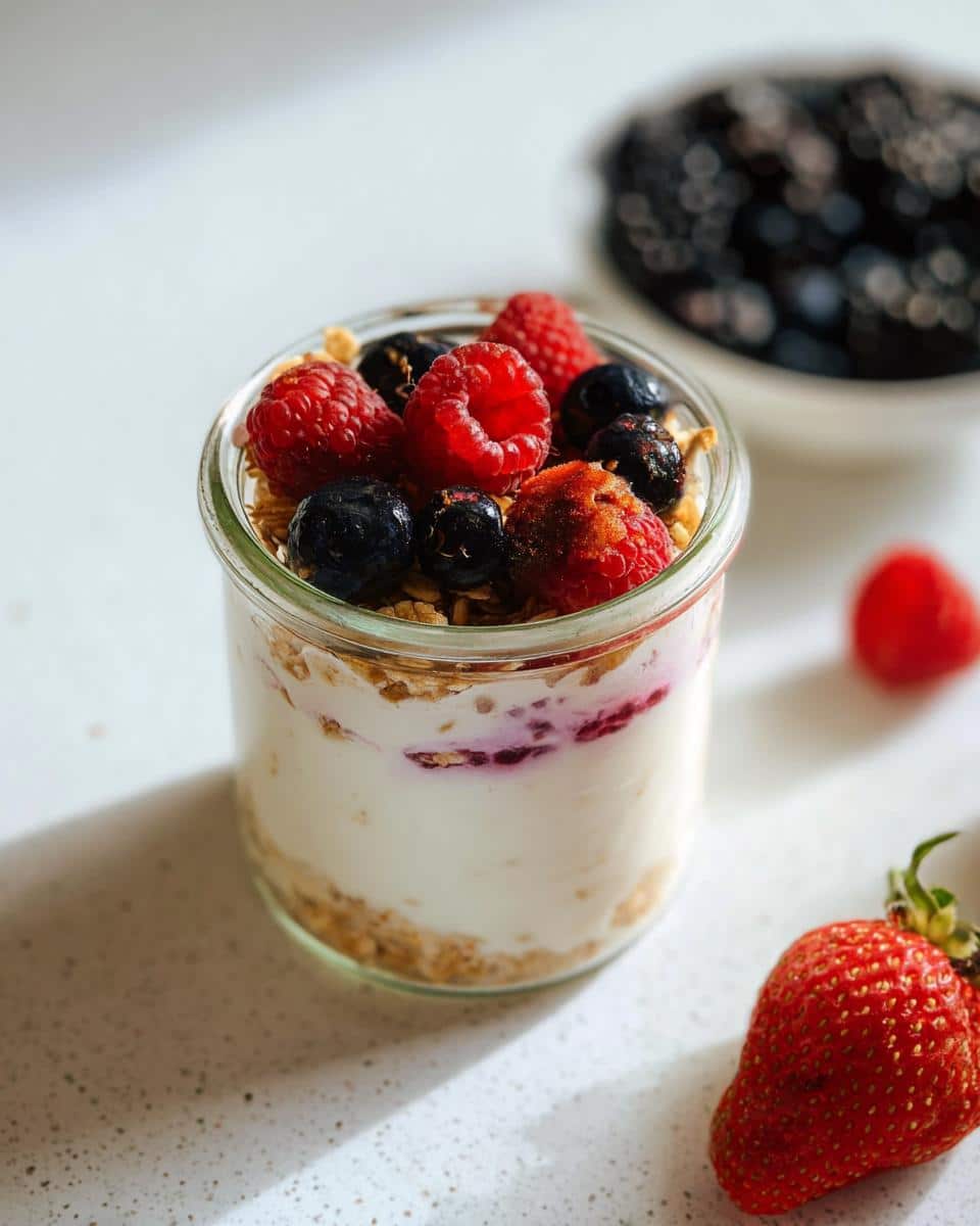 Close-up of Cottage Cheese Overnight Oats layered with granola and topped with fresh raspberries and blueberries.