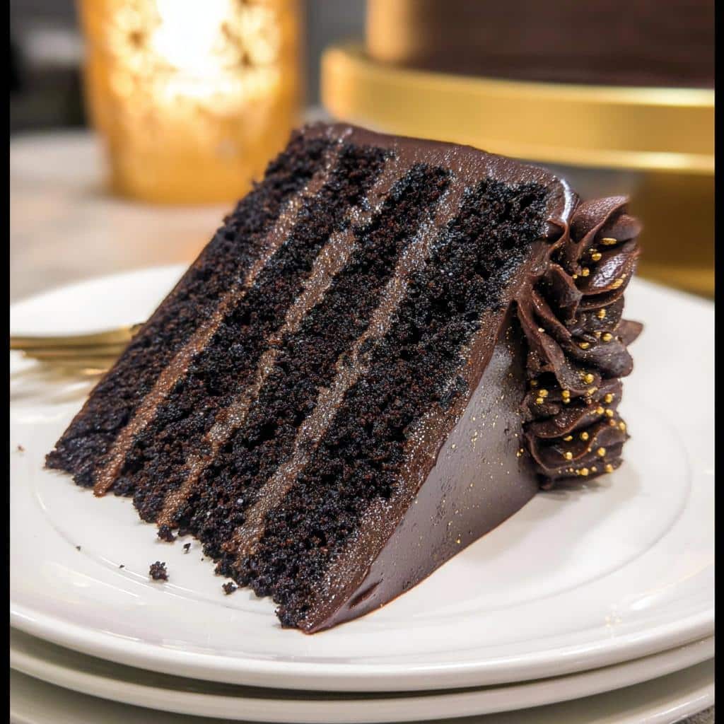 Close-up of a decadent slice of Black Cocoa Cake showing five dark layers and chocolate frosting, garnished with gold sprinkles.