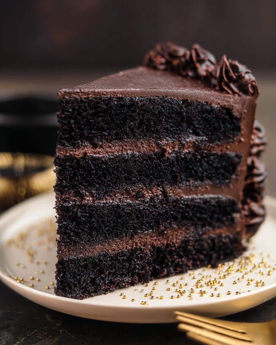 A decadent slice of a four-layer Black Cocoa Cake Design with dark chocolate frosting and gold sprinkles.
