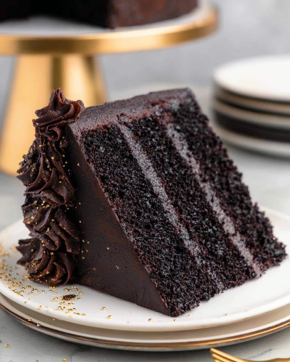 A decadent slice of multi-layered Black Cocoa Cake with dark chocolate frosting and gold sprinkles.