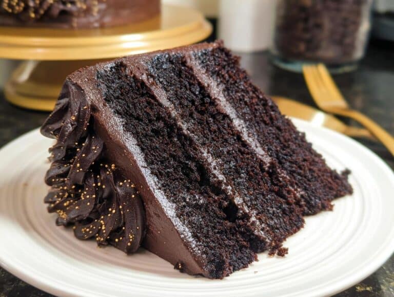 A rich, dark slice of Black Cocoa Cake showing three layers of moist cake and chocolate frosting, decorated with gold sprinkles.