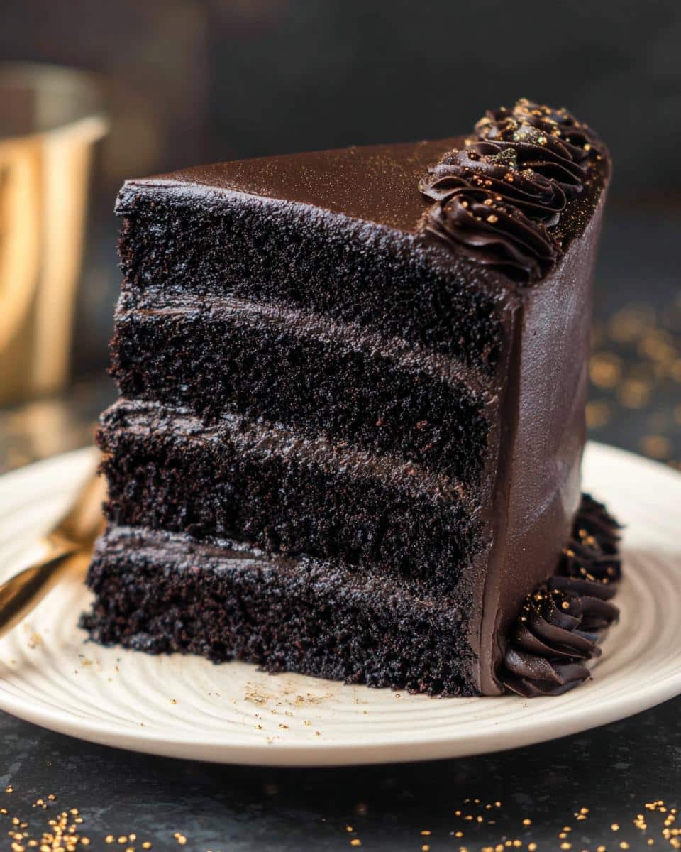 A tall, four-layer slice of rich Black Cocoa Cake Design covered in dark chocolate ganache and gold sprinkles.