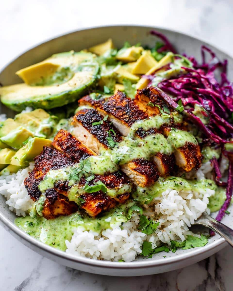 Close-up of a Blackened Chicken Dinner bowl featuring sliced blackened chicken over white rice, topped with creamy green sauce, avocado, and red cabbage.