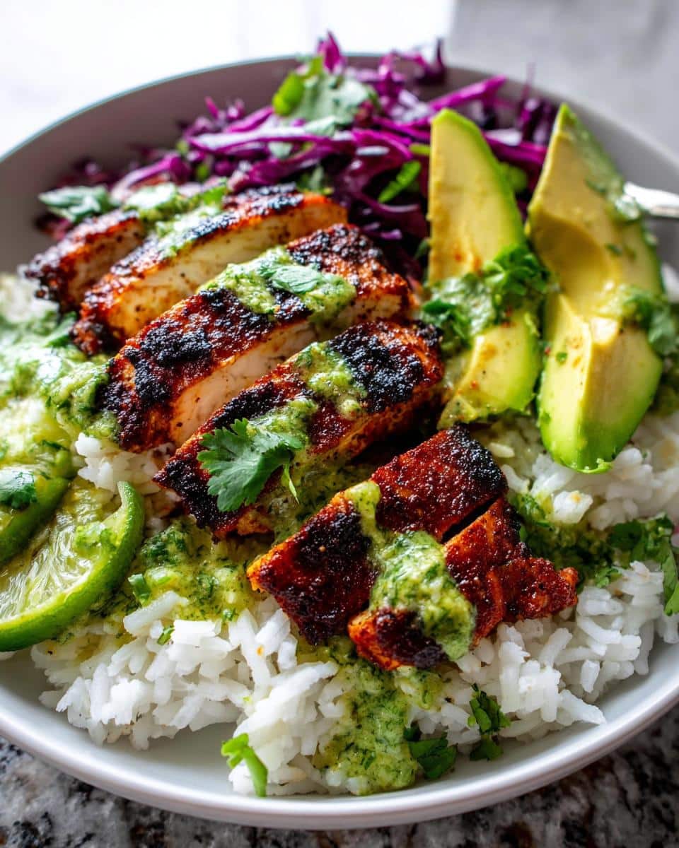Slices of richly seasoned Blackened Chicken Dinner served over white rice with avocado, red cabbage slaw, and a vibrant green cilantro sauce.