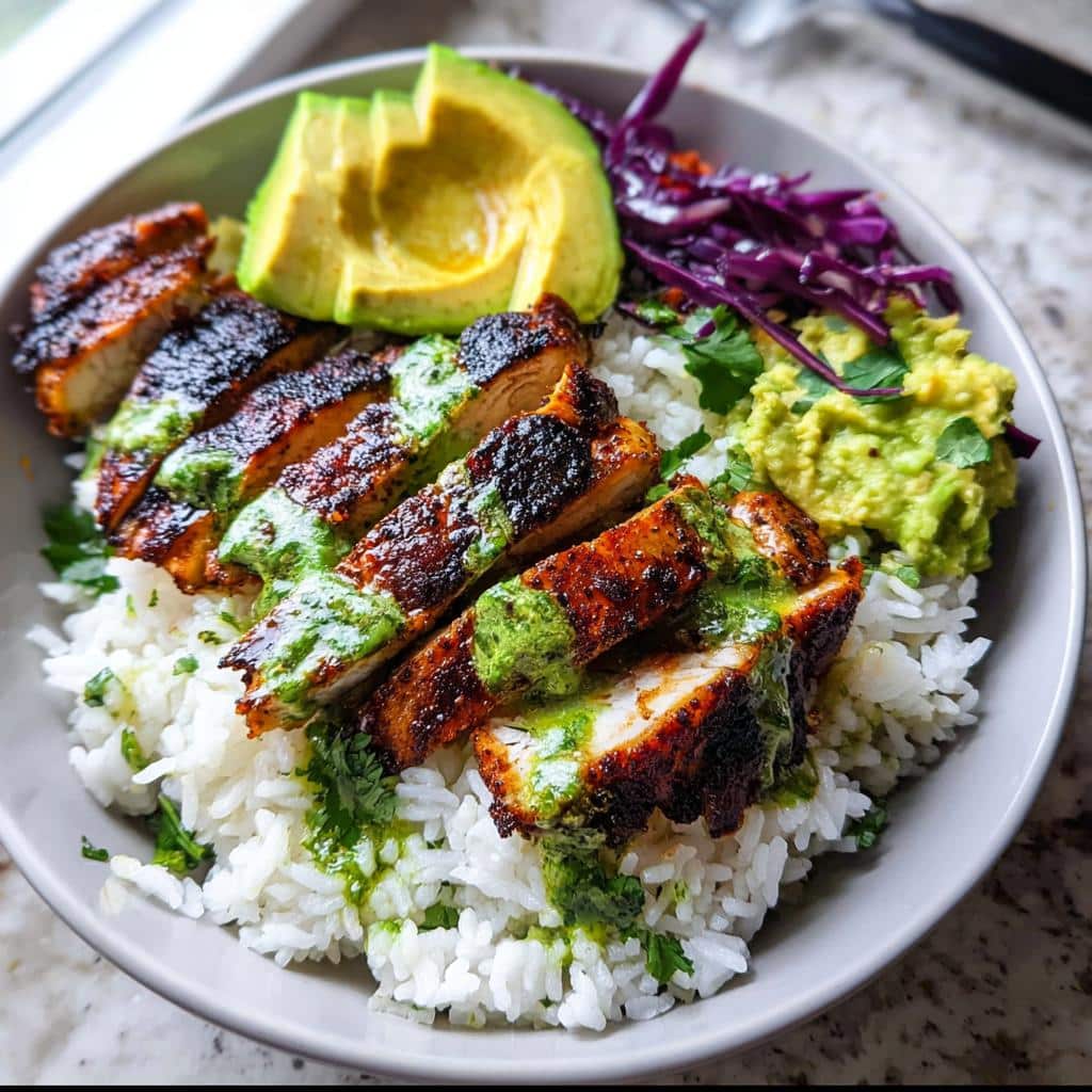 Close-up of a Blackened Chicken Dinner bowl featuring sliced blackened chicken over white rice, topped with green sauce, avocado, and guacamole.
