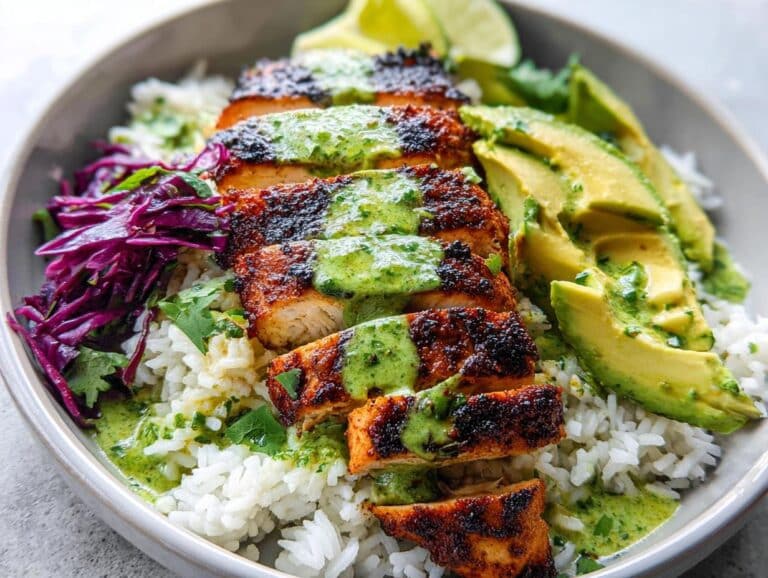 Close-up of a bowl featuring sliced blackened chicken dinner drizzled with green sauce, served over white rice with avocado and red cabbage.