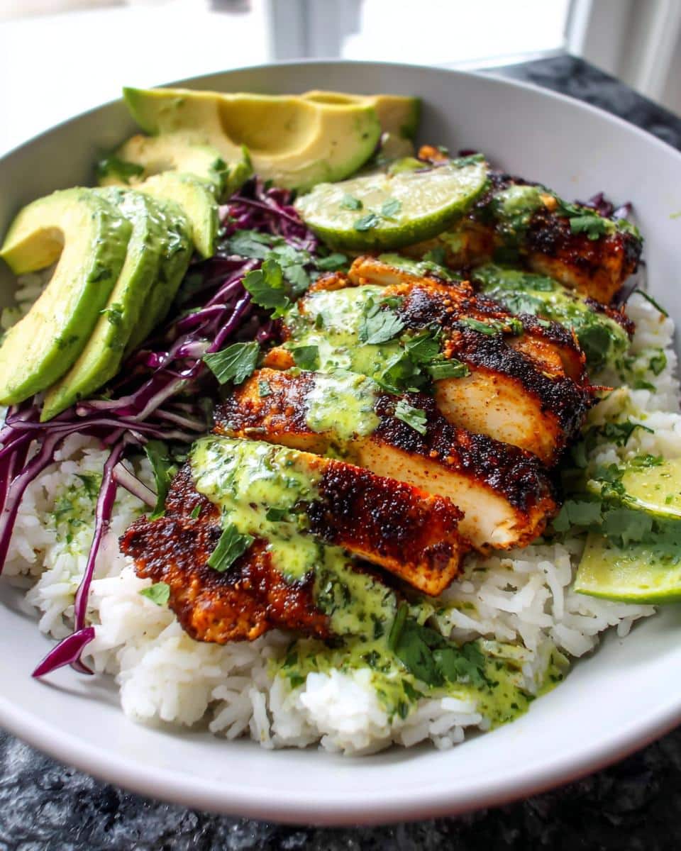 Close-up of a Blackened Chicken Dinner bowl featuring sliced blackened chicken over white rice, topped with green sauce, avocado, and red cabbage.