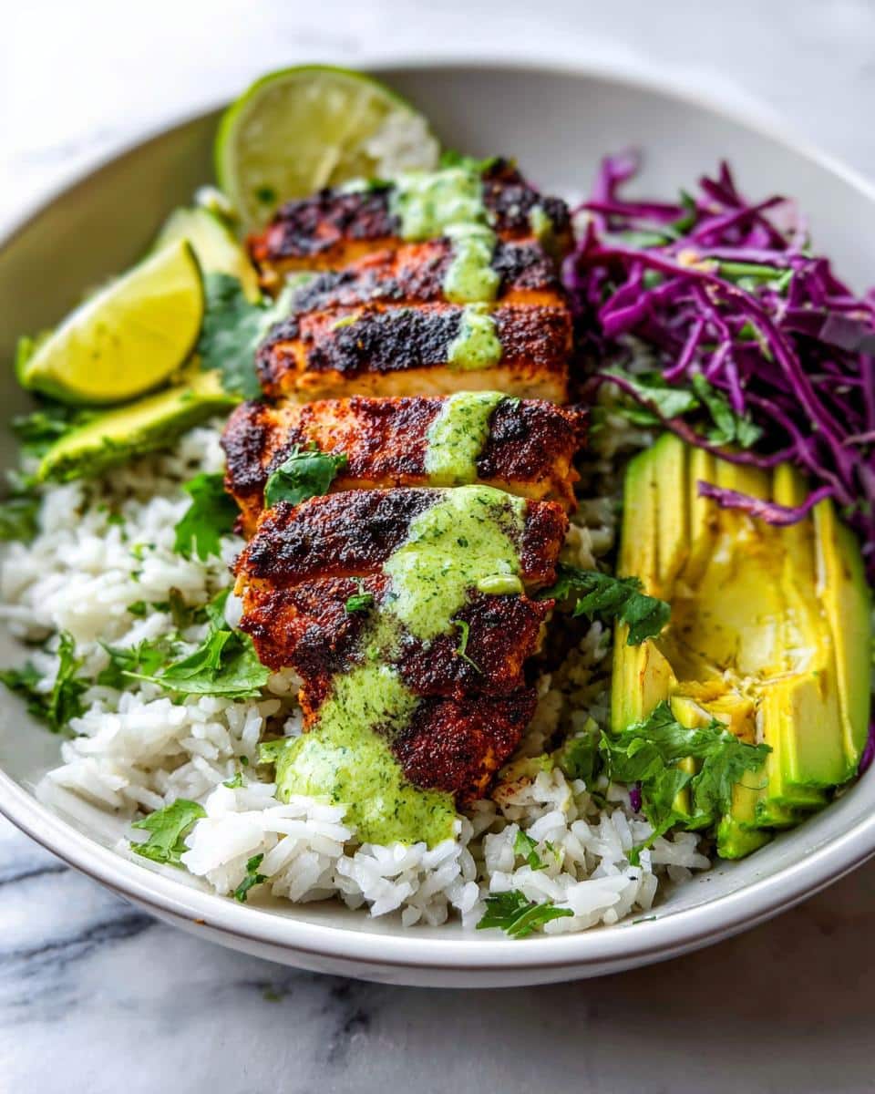 Sliced blackened chicken dinner served over white rice with avocado, red cabbage, and a drizzle of green sauce.