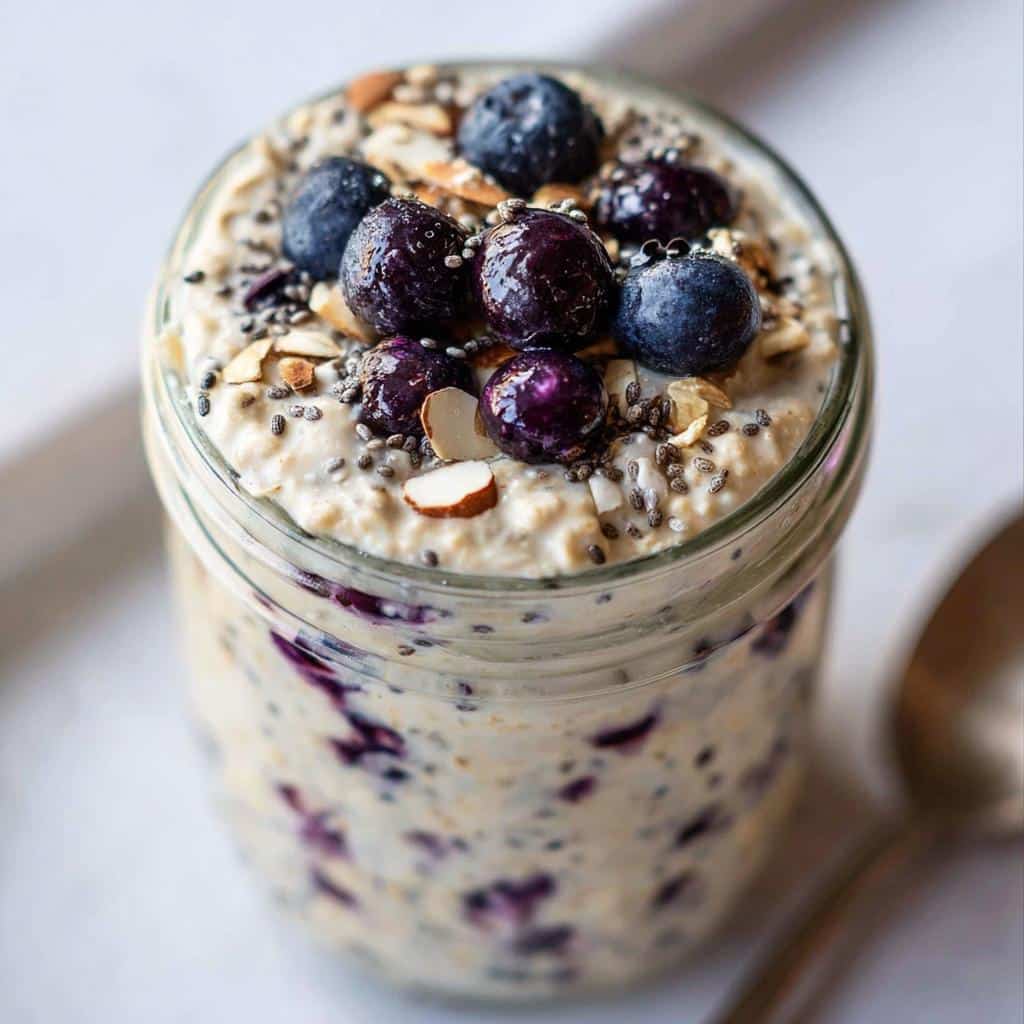 Close-up of creamy Blueberry Almond Overnight Oats topped with fresh blueberries, chia seeds, and sliced almonds.