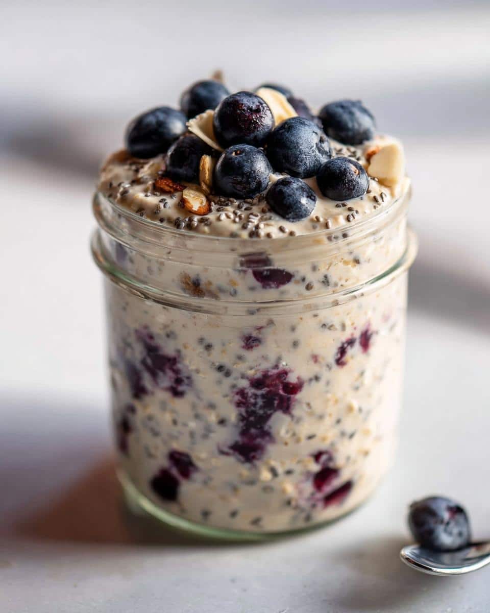 Close-up of Blueberry Almond Overnight Oats topped with fresh blueberries and almonds in a glass jar.