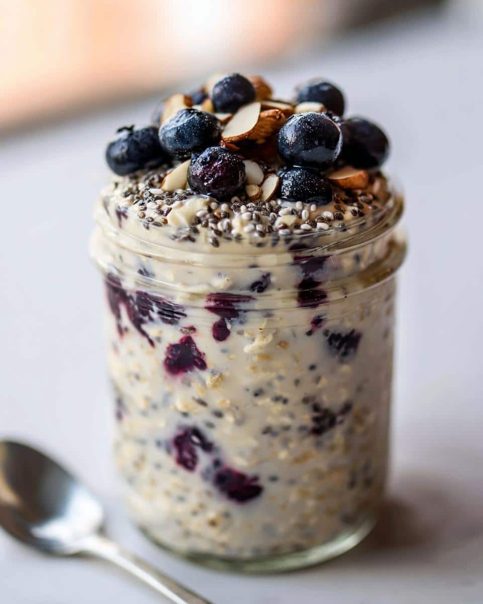 A close-up of Blueberry Almond Overnight Oats layered in a mason jar, topped with fresh blueberries and sliced almonds.