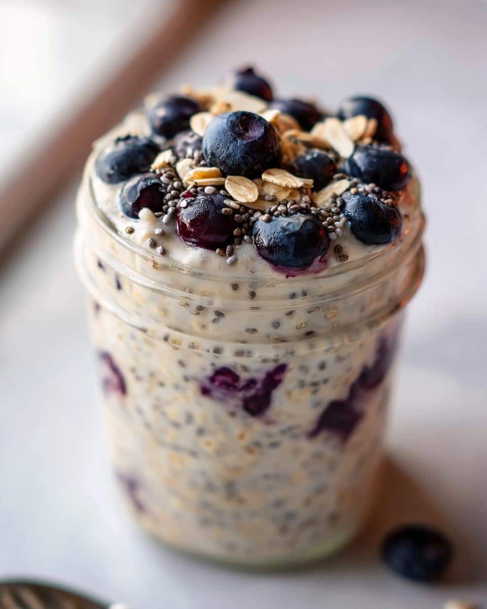 Close-up of Blueberry Almond Overnight Oats in a jar, topped with fresh blueberries, chia seeds, and rolled oats.