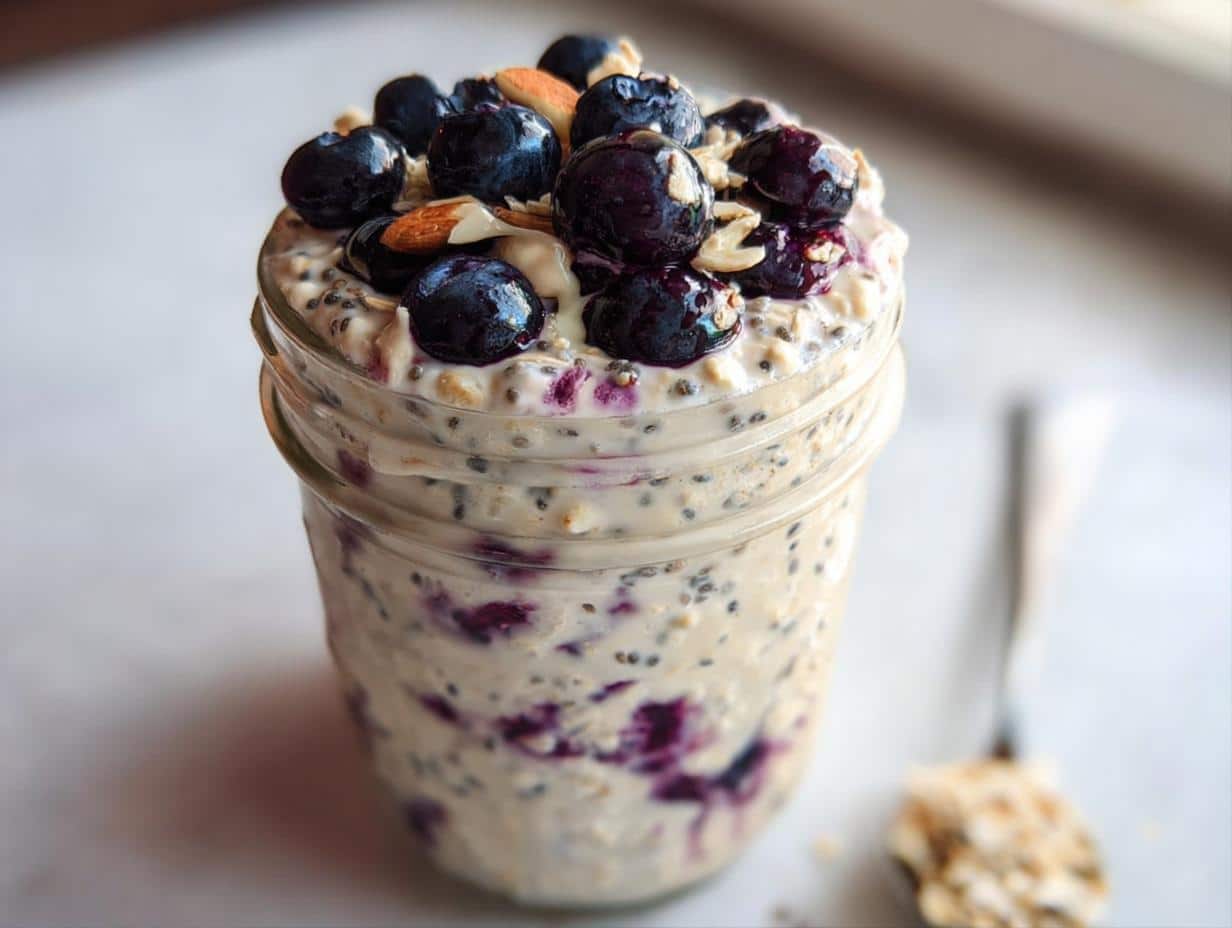 Close-up of Blueberry Almond Overnight Oats topped with fresh blueberries and almonds in a glass jar.