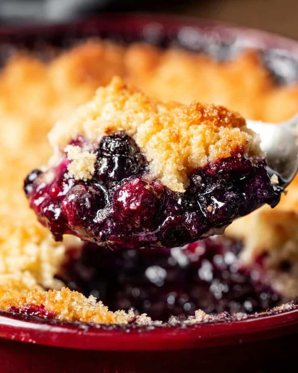 A spoonful of warm, gooey Blueberry Dump Cake, showing juicy blueberries and golden crumb topping.