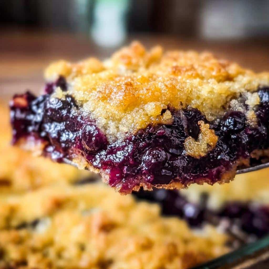 A close-up shot of a gooey serving of Blueberry Dump Cake being lifted, showing the rich purple filling and golden topping.