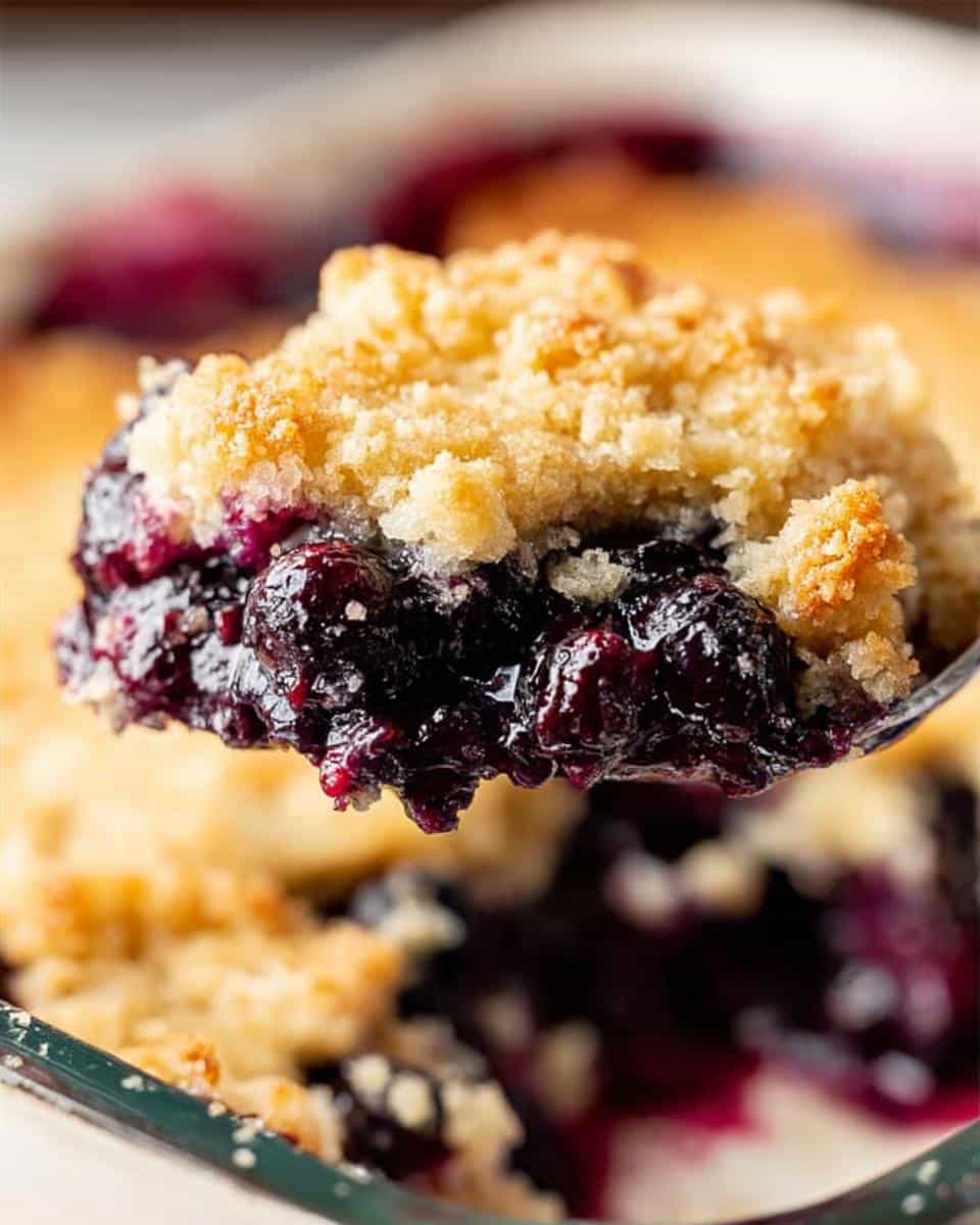 Close-up of a spoonful of warm Blueberry Dump Cake showing juicy blueberries and crumb topping.