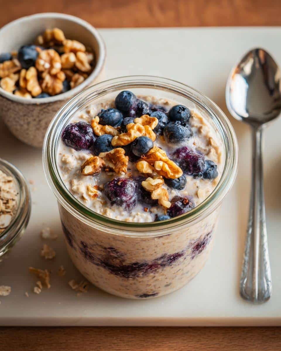 Close-up of a jar filled with creamy Blueberry Overnight Oats, topped with fresh blueberries and walnuts.