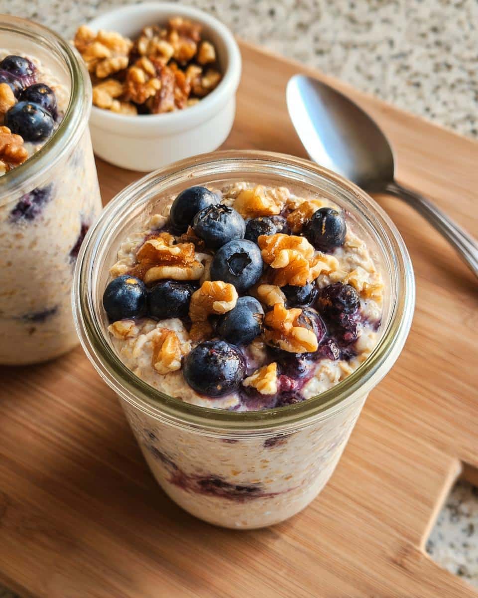 A glass jar filled with creamy Blueberry Overnight Oats, topped with fresh blueberries and walnuts.
