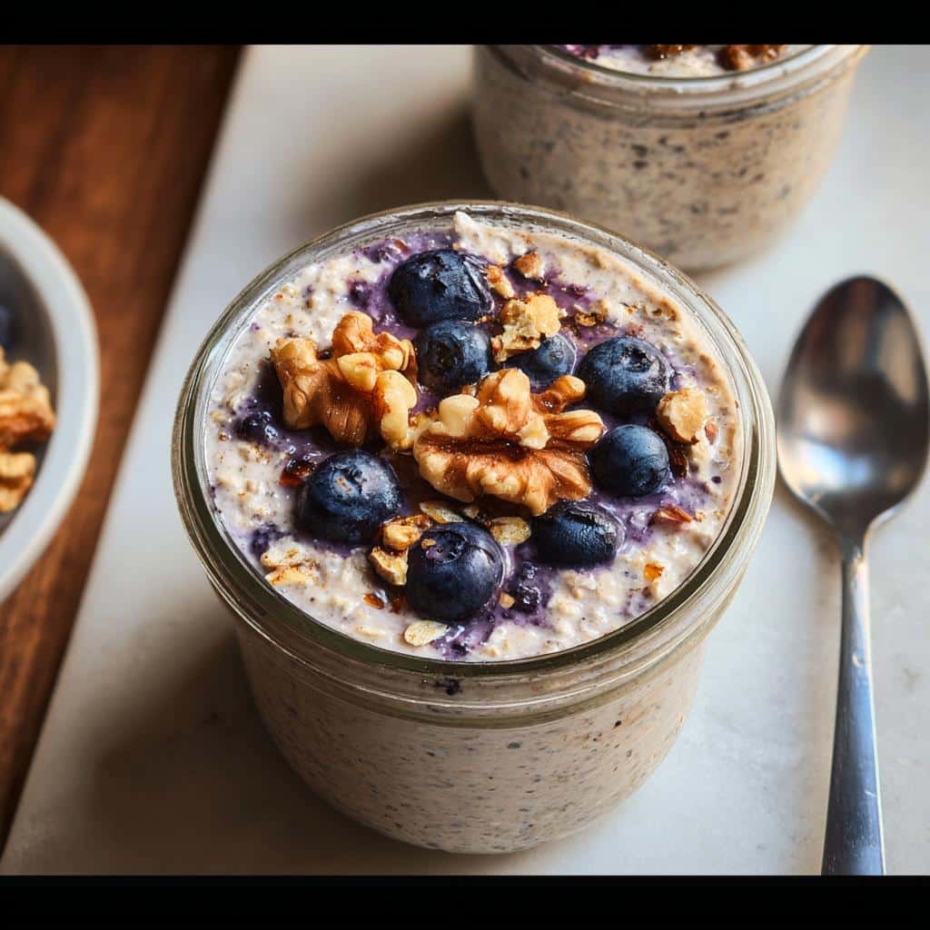 Close-up of a jar filled with creamy Blueberry Overnight Oats, topped with fresh blueberries and walnuts.