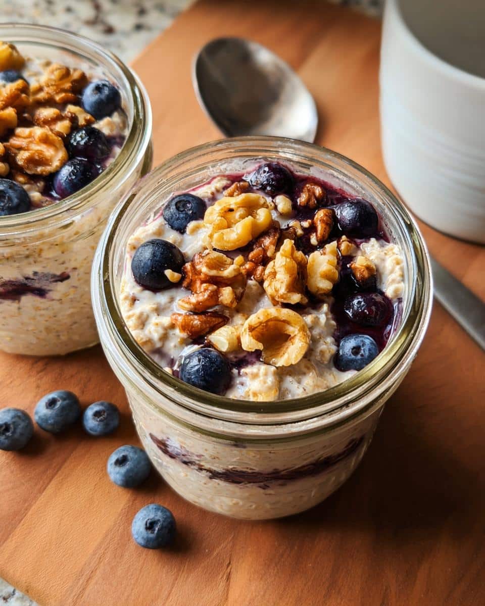 Close-up of Blueberry Overnight Oats in a jar, topped with fresh blueberries and walnuts.