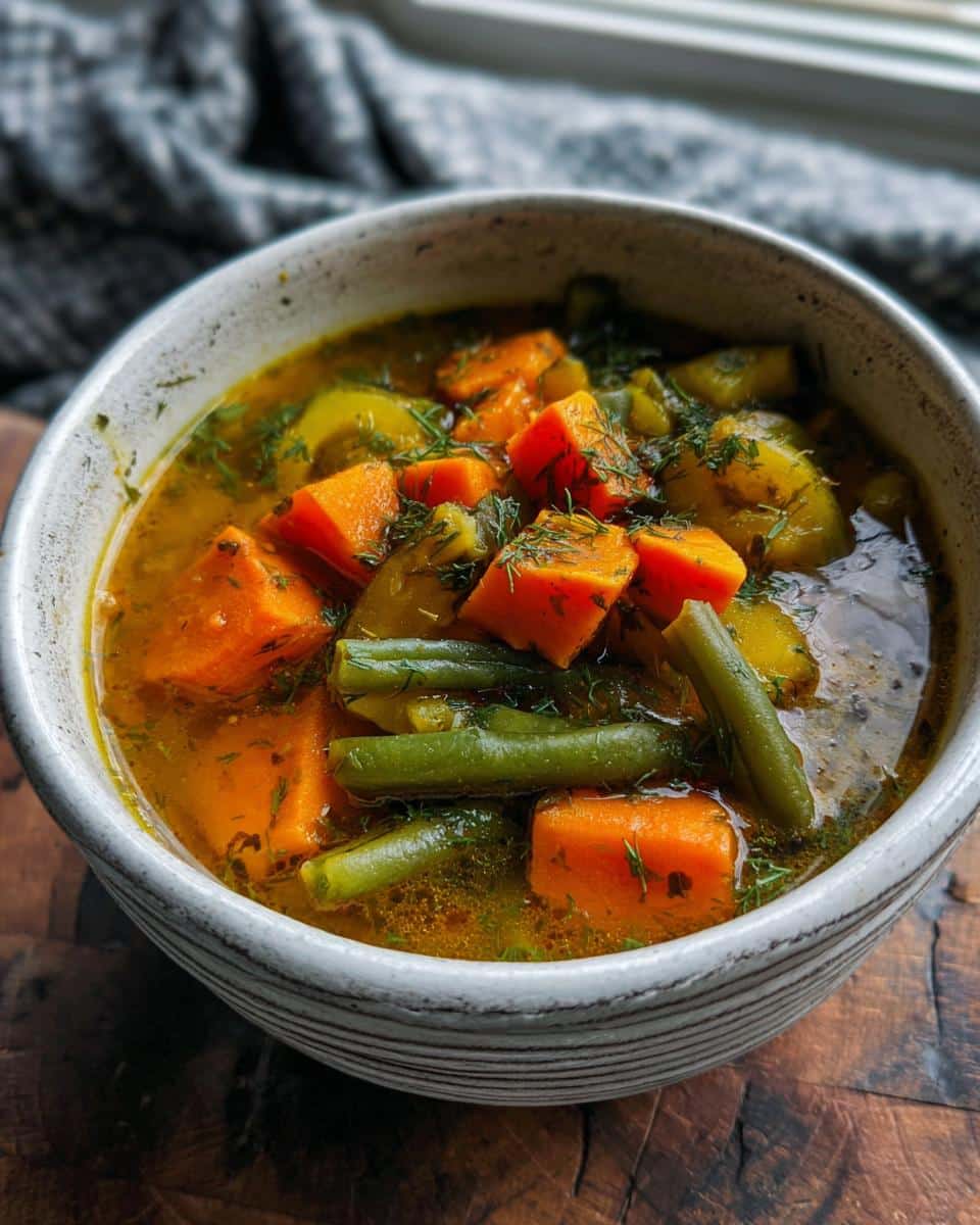 Close-up of a rustic bowl filled with Bone Broth Vegetable Soup featuring large chunks of carrots, green beans, and herbs.