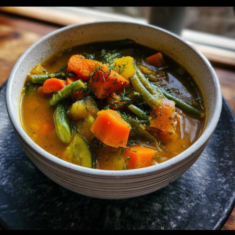 Close-up of a bowl filled with rich Bone Broth Vegetable Soup featuring large chunks of carrots, green beans, and herbs.