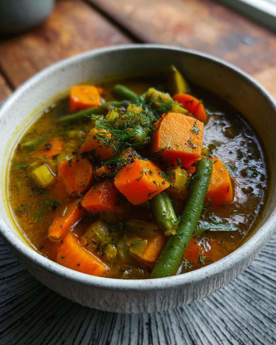 Close-up of a bowl of rich Bone Broth Vegetable Soup featuring large chunks of carrots, green beans, and fresh dill.