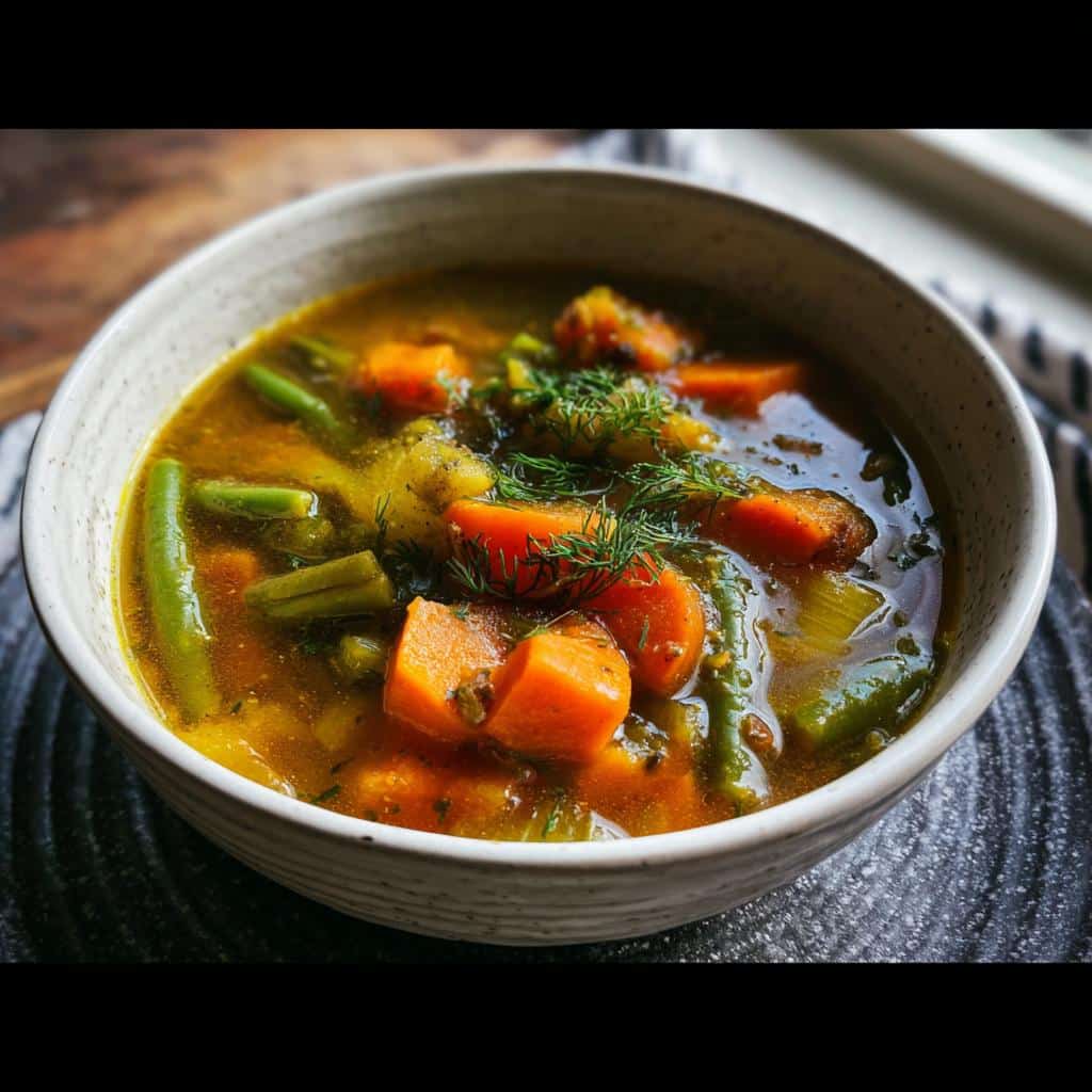 A close-up of a rustic bowl filled with rich Bone Broth Vegetable Soup, featuring large chunks of carrots and green beans.