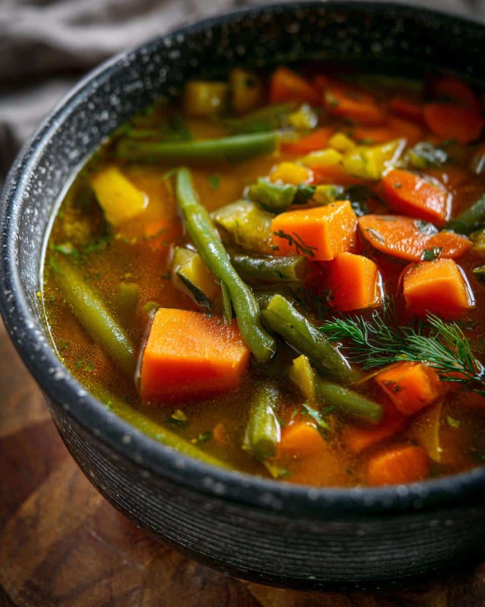 Close-up of a dark bowl filled with rich Bone Broth Vegetable Soup featuring chunks of carrots, green beans, and dill.