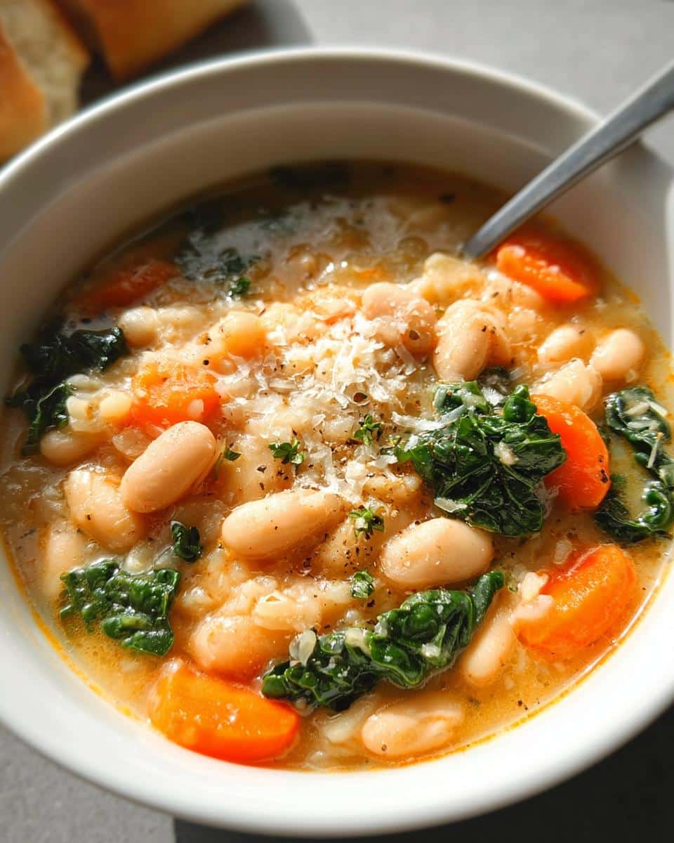 A close-up of a bowl of Brothy White Bean Soup featuring white beans, bright orange carrots, and dark green kale, topped with Parmesan.