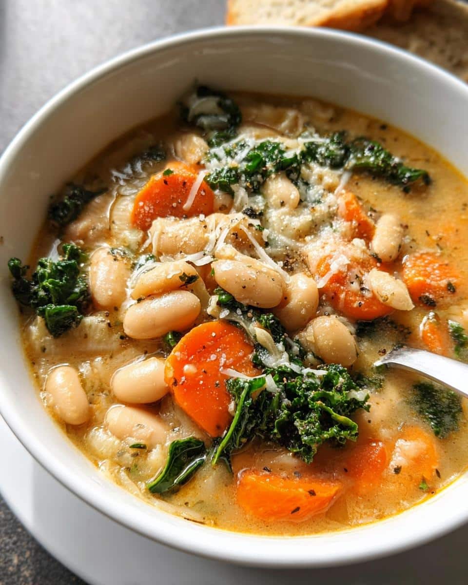 A close-up of a white bowl filled with Brothy White Bean Soup, featuring white beans, sliced carrots, kale, and grated Parmesan cheese.