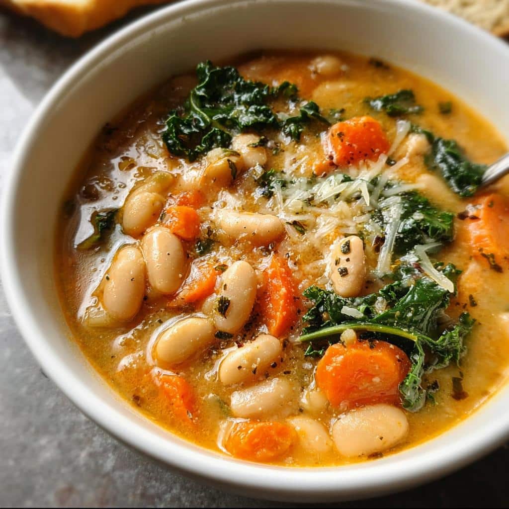 A close-up of a bowl of Brothy White Bean Soup featuring cannellini beans, bright orange carrots, and dark green kale.