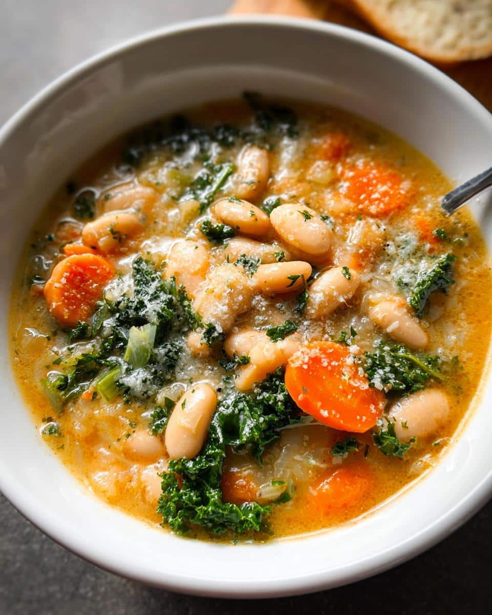 A close-up bowl of rich Brothy White Bean Soup featuring cannellini beans, bright orange carrots, and dark green kale, topped with grated cheese.