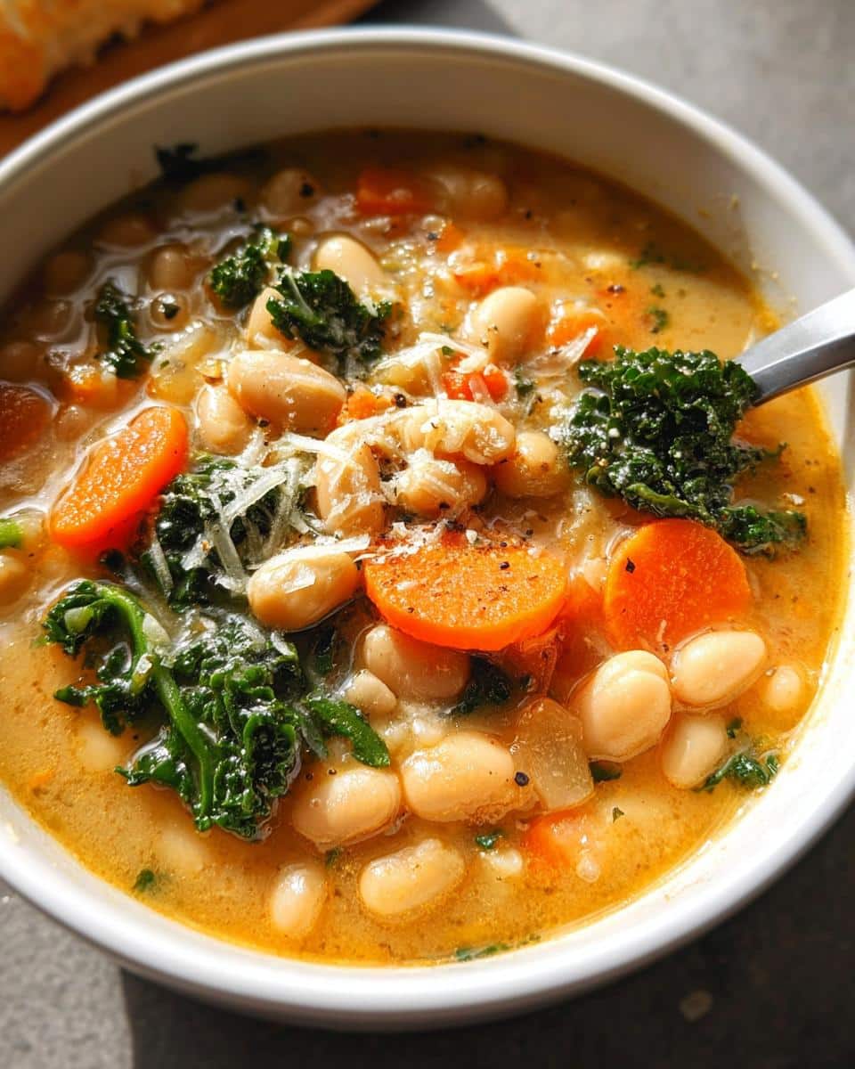 Close-up of a bowl of Brothy White Bean Soup featuring white beans, sliced carrots, kale, and grated cheese.