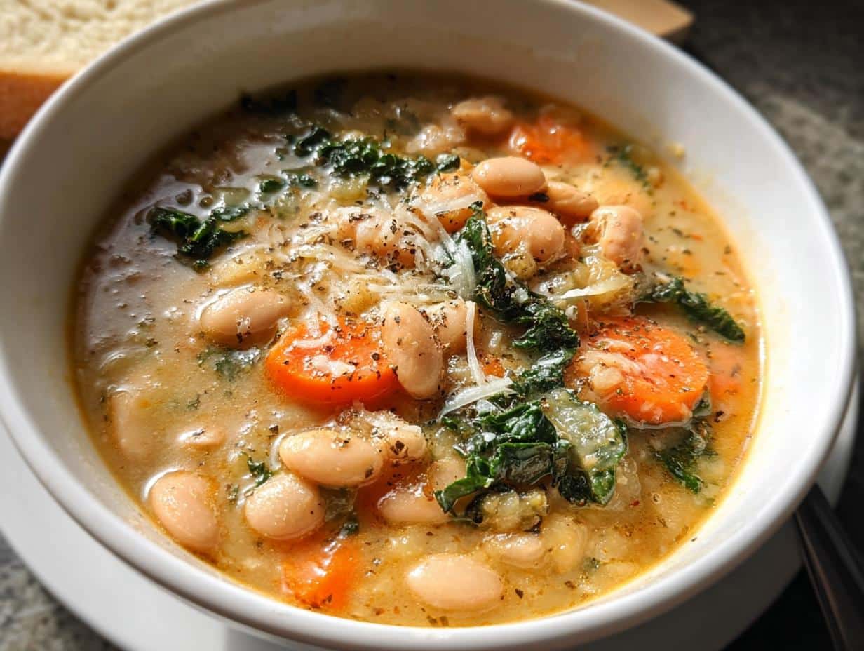 Close-up of a bowl of Brothy White Bean Soup featuring white beans, sliced carrots, dark green kale, and Parmesan cheese.