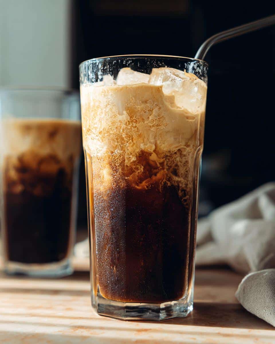 Close-up of a tall glass filled with Brown Sugar Oatmilk Shaken Espresso, showing layers of dark coffee and creamy oat milk foam over ice.